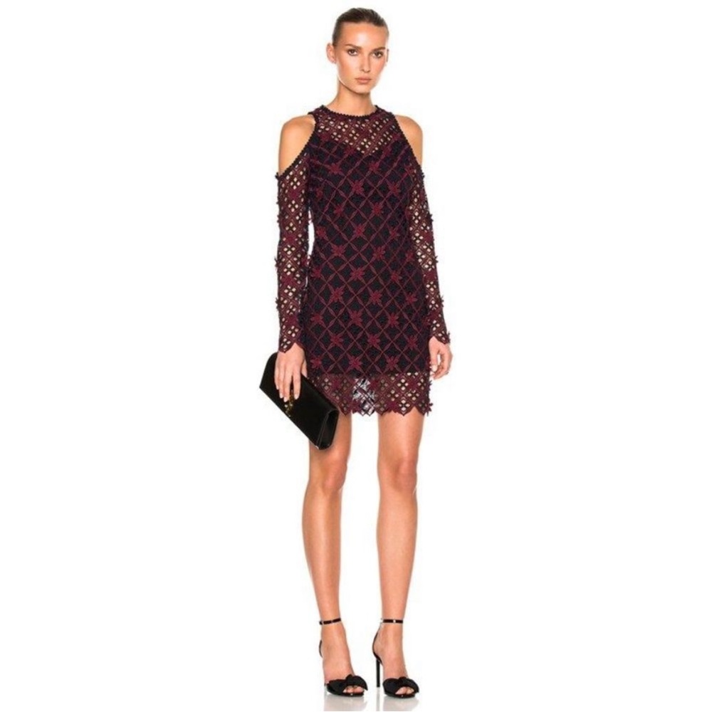 Self-portrait Burgundy & Navy blue Embroidered floral Grid Cold Shoulder Formal